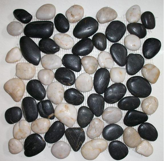 white and black pebble tiles